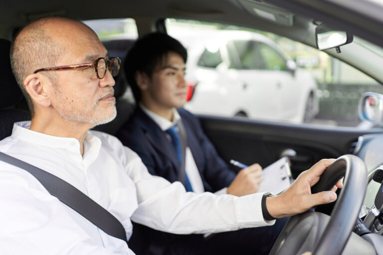 Elderly people taking training in driving a car